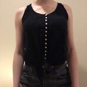 Lightweight Black Tank Top with White Button Line, Loose Tie Bottom Cut